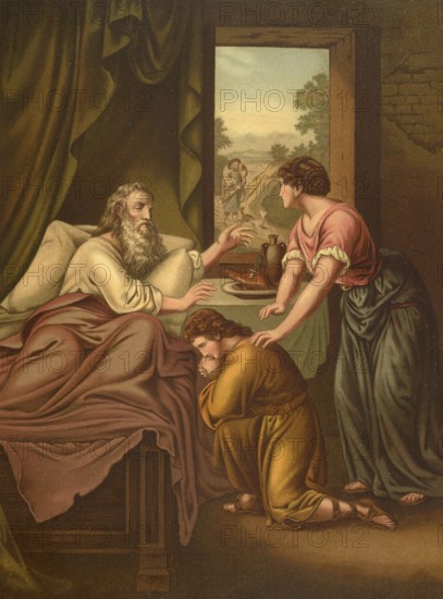 Biblical scene, Bible, Jacob fights for Esau's birthright, in two important biblical stories: first through an exchange in which he satisfies Esau's hunger with a dish of lentils and receives the birthright in return. Jacob later struggles by sneaking his paternal blessing through a cunning, by impersonating Esau's clothing in order to receive Isaac's blessing even though Esau is the elder, illustration, reproduction from a 19th-century model. Authentic, file restored for optimal use, exact date of submission unknown, historical
