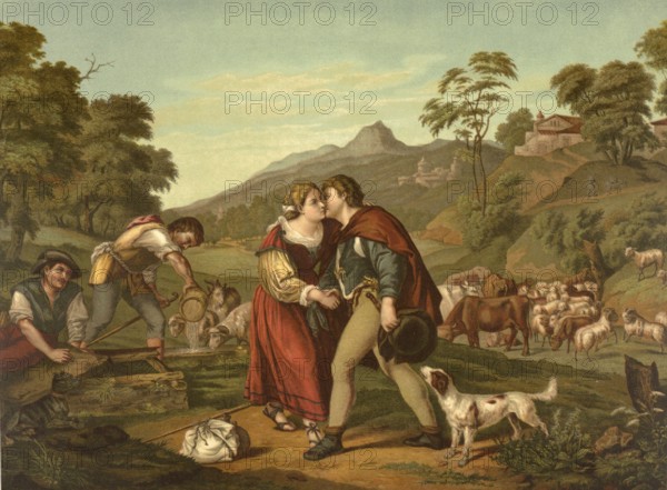 Biblical scene, Bible, Jacob and Rachel, Rachel are figures from the Old Testament that combine a complex marriage story. Jacob loved Rachel and worked for her father Laban for 14 years so that she could marry her. After the wedding night, however, her older sister Lea was first put on him, illustration, reproduction from a model from the 19th century. Authentic, file restored for optimal use, exact date of submission unknown, historical