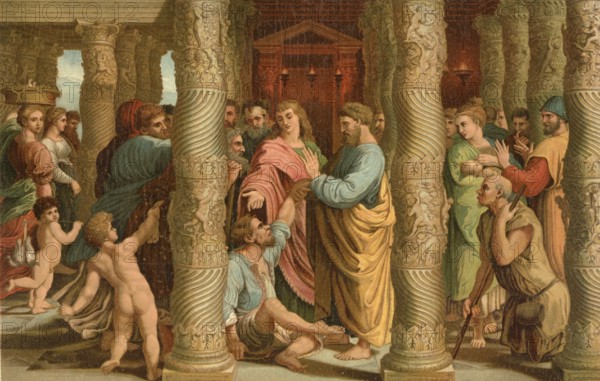 Biblical scene, Bible, healing of a man paralyzed from birth by Jesus. The healing of a paralyzed person refers to various New Testament miracle stories, illustration, reproduction from a model from the 19th century. Authentic, file restored for optimal use, exact date of submission unknown, historical