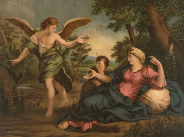 Biblical scene, Bible, Hagar, the Egyptian slave of Sarah, the woman of Abraham and Ishmael, prophet in the Koran, in the wilderness, illustration, reproduction from a 19th century model. Authentic, file restored for optimal use, exact date of submission unknown, historical