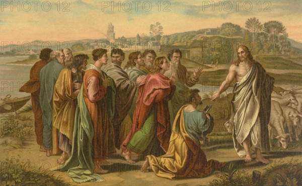 Biblical scene, Bible, pasture my lambs, illustration, reproduction from a 19th century model. Authentic, file restored for optimal use, exact date of submission unknown, historical