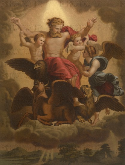 Biblical scene, Bible, Ezekiel's vision, one of the great scriptural prophets and the text attributed to him or the book of the same name in the Tanakh or Old Testament. It was created in the 6th century BC in Babylonian exile and depicts visions and symbolic actions of the Prophet, illustration, reproduction from a model from the 19th century. Authentic, file restored for optimal use, exact date of submission unknown, historical