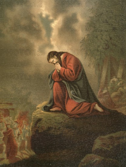 Biblical scene, Bible, Gethsemane, scene of the Passion story of Jesus on the western slope of the Mount of Olives mentioned in the New Testament, illustration, reproduction from a 19th-century model. Authentic, file restored for optimal use, exact date of submission unknown, historical