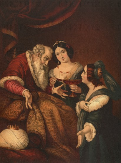 Biblical scene, Bible, Esther implores the Persian King Ahasuerus for mercy, illustration, reproduction from a 19th-century model. Authentic, file restored for optimal use, exact date of submission unknown, historical