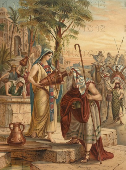 Biblical scene, Bible, Eliezer is looking for Rebecca, Eliëser of Damascus is in the Jewish and Christian tradition of interpretation the name of Abraham's house manager in the biblical book of Genesis, illustration, reproduction from a model from the 19th century. Authentic, file restored for optimal use, exact date of submission unknown, historical