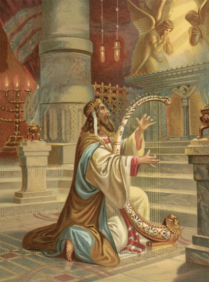 Biblical scene, Bible, David the Psalmist, was the biblical king of Israel, who is traditionally regarded as the author of numerous psalms that can be found as religious songs in the Old Testament, illustration, reproduction from a 19th-century model. Authentic, file restored for optimal use, exact date of submission unknown, historical
