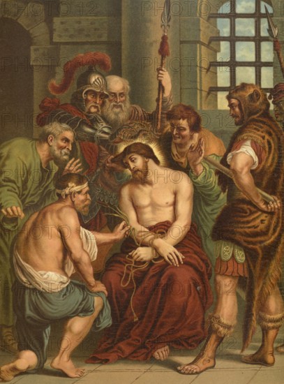 Biblical scene, Bible, the ridicule of Jesus in front of his crucifixion is detailed in the Gospels, where he was ridiculed by both the passers-by and by the high priests and scribes, illustration, reproduction from a 19th-century model. Authentic, file restored for optimal use, exact date of submission unknown, historical