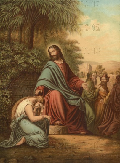 Biblical scene, Bible, Christ and the Adulteress, comes from the Gospel of John (John 8:1—11) and is one of the most famous biblical stories about mercy and forgiveness. She describes how scribes and Pharisees bring a woman caught in adultery to Jesus to lure him into a trap, illustration, reproduction from a 19th-century model. Authentic, file restored for optimal use, exact date of submission unknown, historical