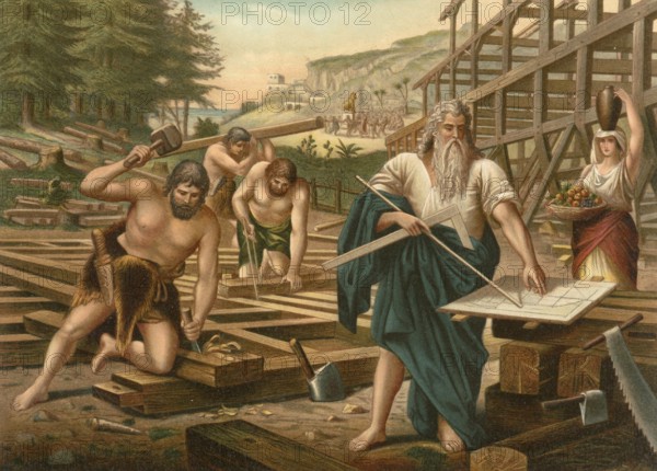 Biblical scene, Bible, The construction of Noah's Ark is described in the Bible, where God commissioned Noah to build a huge ship to save himself and his family and a pair of all animals from a deluge, illustration, reproduction from a 19th-century model. Authentic, file restored for optimal use, exact date of submission unknown, historical