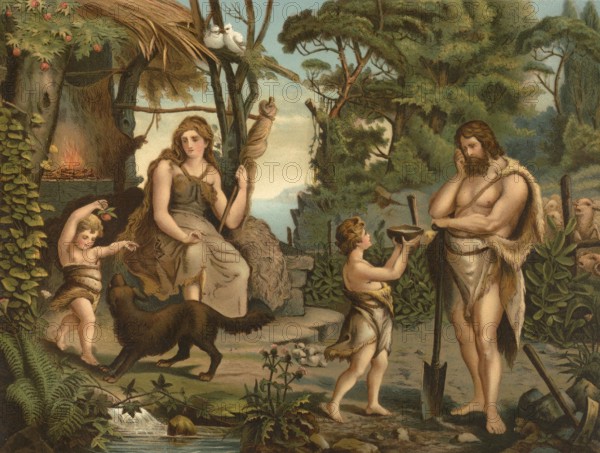 Biblical scene, Bible, After expulsion from paradise, the fall of Adam and Eve and the consequences of their disobedience to God, illustration, reproduction from a 19th-century model. Authentic, file restored for optimal use, exact date of submission unknown, historical