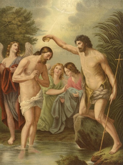 Biblical scene, Bible, The Baptism of Christ, a central event of the Gospels that publicly introduces Jesus' work and reveals his divinity. John the Baptist baptizes Jesus in the Jordan River, with the Holy Spirit descending and a voice from heaven confirming Jesus as the Son of God, illustration, reproduction from a 19th-century model. Authentic, file restored for optimal use, exact date of submission unknown, historical