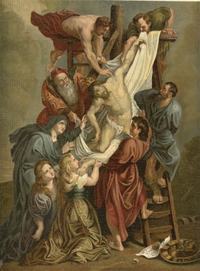 Biblical scene, Bible, Jesus Christ, Descent from the Cross, the ritual removal of the body of Jesus from the cross after his death, illustration, reproduction from a 19th century model. Authentic, file restored for optimal use, exact date of submission unknown, historical