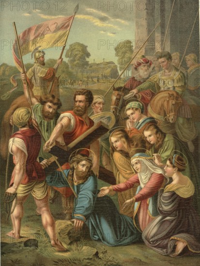 Biblical scene, Bible, Jesus carrying the cross, wearing the cross is a central event in the story of Jesus' passion described in all four gospels of the Bible. The trail led from the condemnation by Pontius Pilate to the Golgotha hill, where the crucifixion took place, illustration, reproduction from a 19th-century model. Authentic, file restored for optimal use, exact date of submission unknown, historical