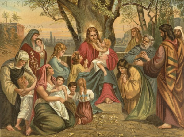 Biblical scene, Bible, Jesus blesses the children, The episode in which Jesus blesses the children is one of the most famous biblical stories in the New Testament, illustration, reproduction from a 19th-century model. Authentic, file restored for optimal use, exact date of submission unknown, historical