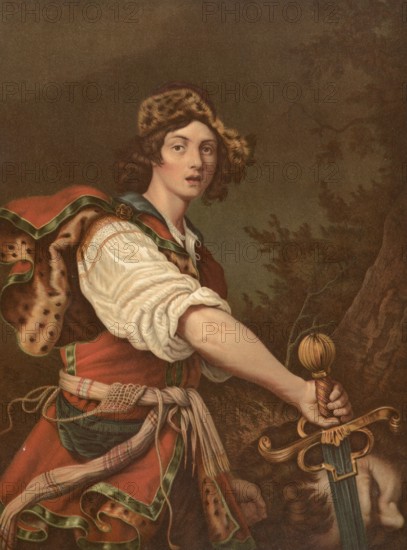 Biblical scene, Bible, David with the head of Goliath. David triumphantly holding the severed head of the giant Goliath in his hand, illustration, reproduction from a 19th century model. Authentic, file restored for optimal use, exact date of submission unknown, historical