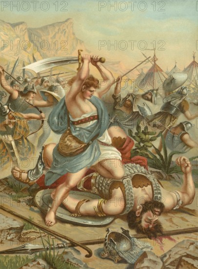 Biblical scene, Bible, David defeats Goliath. The biblical hero David defeats the giant warrior Goliath by hitting him in the forehead with a single stone from his slingshot, illustration, reproduction from a 19th-century model. Authentic, file restored for optimal use, exact date of submission unknown, historical