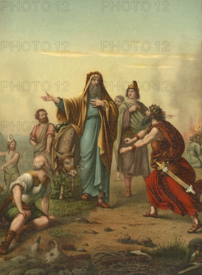 Biblical scene, Bible, Balak and Balaam, two biblical characters who appear in the story in the 4th book of Moses (Numbers) of the Bible. Balak, the king of Moab, was threatened by the Israelites and wanted to have them cursed by Balaam, a seer from Mesopotamia, in order to be able to defeat them more easily, illustration, reproduction from a 19th-century model. Authentic, file restored for optimal use, exact date of submission unknown, historical