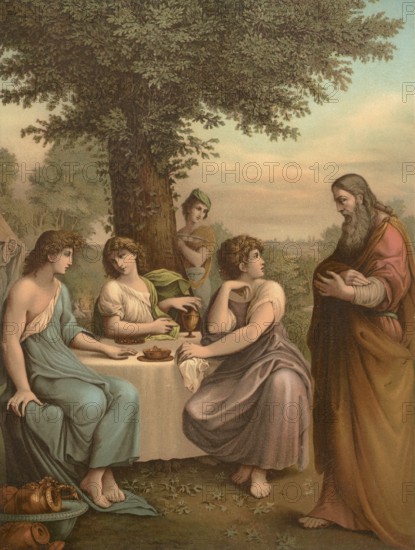Biblical scene, Bible, Abraham talking to angels, in several biblical scenes, the best known is the visit of three angels who predict the birth of a son named Isaac to him and his woman Sarah, illustration, reproduction from a 19th-century model. Authentic, file restored for optimal use, exact date of submission unknown, historical