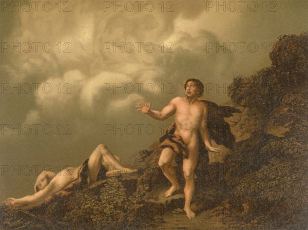 Biblical scene, Bible, Cain's fratricide refers to the biblical story in which Cain kills his brother Abel out of jealousy after God favors his brother's sacrifice. This act is described as the first murder in the Bible and results in Cain being cursed by God and banished from Eden, illustration, reproduction from a 19th-century model. Authentic, file restored for optimal use, exact date of submission unknown, historical