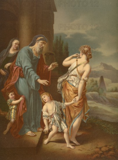Biblical scene, Bible, Hagar, the Egyptian slave of Sarah, Abraham's woman, expulsion, illustration, reproduction from a 19th-century model. Authentic, file restored for optimal use, exact date of submission unknown, historical