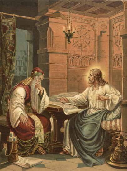 Biblical scene, Bible, Christ's conversation with Nicodemus. The conversation between Jesus and Nicodemus in the Gospel of John (John 3) is about the necessity of rebirth of water and the Spirit in order to enter the kingdom of God, illustration, reproduction from a 19th-century model. Authentic, file restored for optimal use, exact date of submission unknown, historical