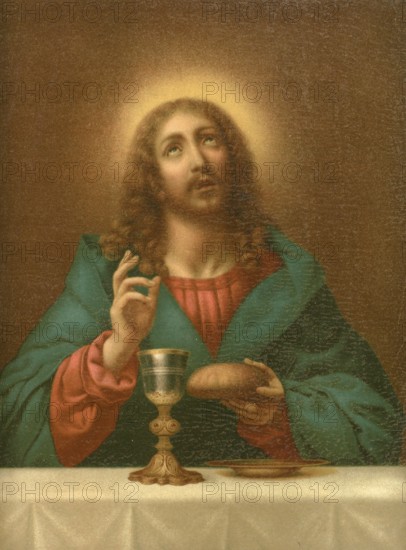 Biblical scene, Bible, and the blessing of bread and wine by Jesus in the Lord's Supper is a central event in Christianity. Jesus thus symbolized the meaning of his later crucifixion and resurrection by referring to bread as his body and wine as his blood, illustration, reproduction from a 19th-century model. Authentic, file restored for optimal use, exact date of submission unknown, historical