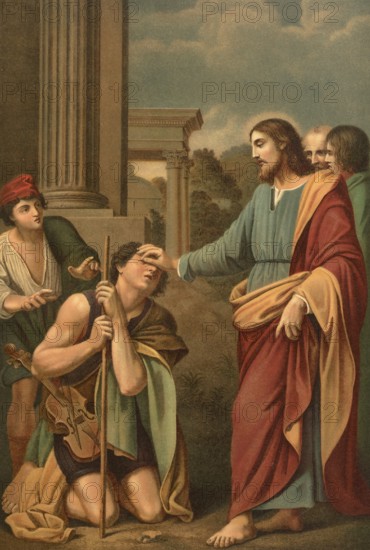 Biblical scene, Bible, healing of the blind man, Jesus heals a man blind from birth near the pond of Siloah by brushing soil and saliva on his eyes, illustration, reproduction from a 19th-century model. Authentic, file restored for optimal use, exact date of submission unknown, historical