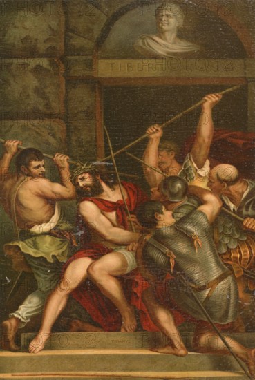 Biblical scene, Bible, Christ and the Crown of Thorns, an important symbol of the suffering and humiliation of Jesus Christ during his Passion. It was put on him by the Roman soldiers to ridicule him as the King of the Jews, illustration, reproduction from a 19th-century model. Authentic, file restored for optimal use, exact date of submission unknown, historical