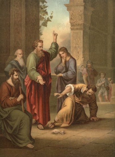 Biblical scene, Bible, Ananias and Sapphira were a couple from the early Christian community in Jerusalem who, according to the biblical book of Acts 5, 1—11, died suddenly after lying to the Apostles Peter and the other Apostles, illustration, reproduction from a 19th-century model. Authentic, file restored for optimal use, exact date of submission unknown, historical