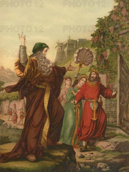 Biblical scene, Bible, Elijah's sermon to Ahab and Jezebel, Elijah or Elijah is a biblical prophet who is said to have worked in the northern kingdom of Israel in the time of kings Ahab and Ahaziah in the second quarter of the 9th century BC, illustration, reproduction from a model from the 19th century. Authentic, file restored for optimal use, exact date of submission unknown, historical