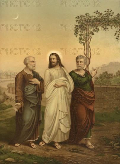 Biblical scene, Bible, Christ goes to Emmaus with his disciples. The biblical story is about two disciples who travel sadly from Jerusalem to Emmaus on Easter day because they saw Jesus die. An unknown stranger joins them, who turns out to be the resurrected Jesus, illustration, reproduction from a 19th-century model. Authentic, file restored for optimal use, exact date of submission unknown, historical