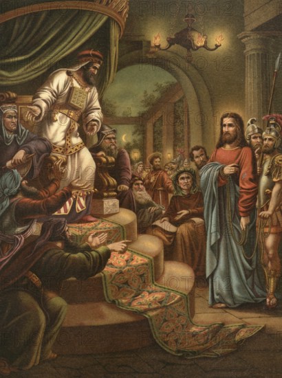 Biblical scene, Bible, false testimony against Christ, illustration, reproduction from a 19th-century model. Authentic, file restored for optimal use, exact date of submission unknown, historical