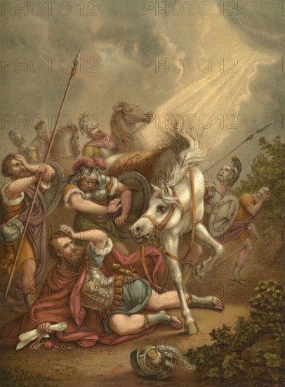 Biblical scene, Bible, The Conversion of Paul, a central event in Christian history in which Saul, a persecutor of Christians, had an apparition of Jesus on the way to Damascus and then converted to Christianity, illustration, reproduction from a 19th-century model. Authentic, file restored for optimal use, exact date of submission unknown, historical