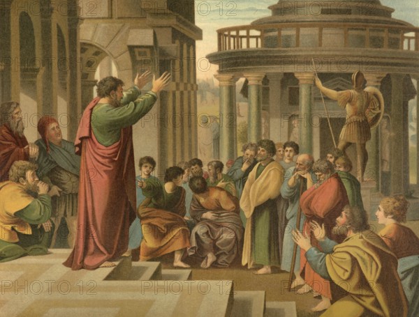 Biblical scene, Bible, Paul's sermon in Athens, also known as the Areopagus, took place on the Areopagus Hill, where Paul proclaimed the message of an unknown god in front of the Athenians, illustration, reproduction from a 19th-century model. Authentic, file restored for optimal use, exact date of submission unknown, historical
