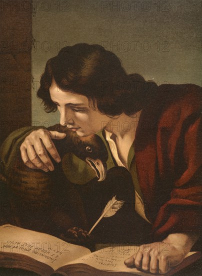 Biblical scene, Bible, John the Evangelist, one of the twelve apostles and is considered in the Christian tradition as the author of the fourth Gospel, the three Epistles of John and the Revelation, illustration, reproduction from a 19th-century model. Authentic, file restored for optimal use, exact date of submission unknown, historical