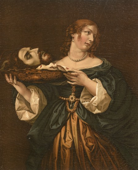 Biblical scene, Bible depicting Salome with the Head of Saint John, the biblical story of Salome, the daughter of Herodias, demanding the head of John the Baptist at her mother's request, illustration, reproduction from a 19th-century model. Authentic, file restored for optimal use, exact date of submission unknown, historical