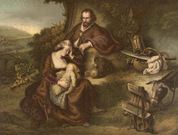 Biblical scene, Bible, rest on the flight to Egypt, a biblical event described in the Gospel of Matthew. She tells how Joseph flees to Egypt with his family to protect the newborn baby Jesus from the reenactments of King Herod, illustration, reproduction of a model from the 19th century. Authentic, file restored for optimal use, exact date of submission unknown, historical