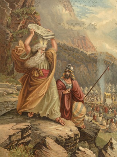 Biblical scene, Bible, Moses broke the tablets with the Ten Commandments out of anger because the people of Israel worshipped the golden calf during their absence on Mount Sinai, illustration, reproduction from a 19th-century model. Authentic, file restored for optimal use, exact date of submission unknown, historical