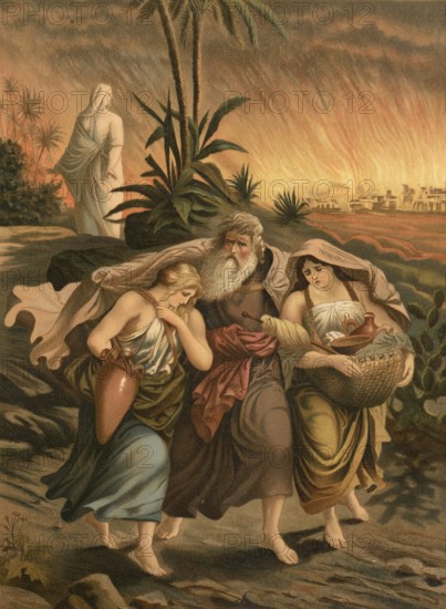 Biblical scene, Bible, Lot flees from the city of Sodom with his woman and two daughters in front of God destroys it and Gomorrah with fire and brimstone. While fleeing, his woman looks back and transforms into a pillar of salt, illustration, reproduction of a model from the 19th century. Authentic, file restored for optimal use, exact date of submission unknown, historical