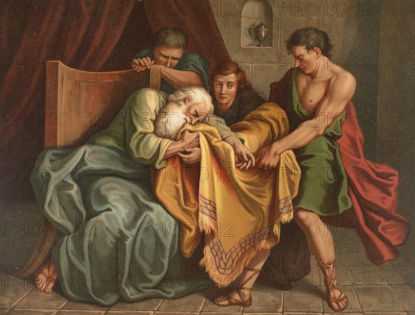 Biblical scene, Bible, The blood-stained cloak of Joseph is a central element in the biblical story of Joseph and his brothers in the Book of Genesis. It symbolizes the envy of the brothers and the cruel deception of their father Jacob to cover up the sale of Joseph into slavery, illustration, reproduction from a 19th-century model. Authentic, file restored for optimal use, exact date of submission unknown, historical