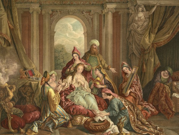 Biblical scene, Bible, The decoration of Esther, a central event in the biblical story of the young Jew who becomes Persian queen in order to save her people, illustration, reproduction from a 19th-century model. Authentic, file restored for optimal use, exact date of submission unknown, historical