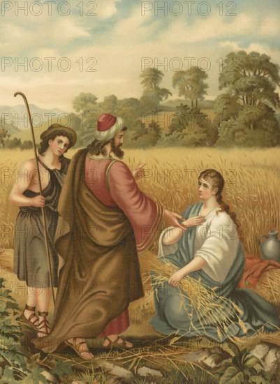 Biblical scene, Bible, Ruth worked in Boaz's field to support her mother-in-law Naomi. She harvested crops by harvesting, which enabled her and Naomi to survive, illustration, reproduction from a 19th-century model. Authentic, file restored for optimal use, exact date of submission unknown, historical