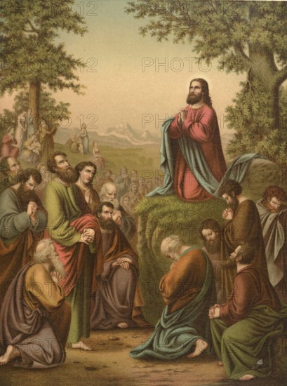 Biblical scene, Bible, Our Father, the prayer that Jesus taught his disciples and which can be found in the Bible in the Gospel of Matthew (Mt 6, 9-13) and in the Gospel of Luke (Lk 11, 2-4), illustration, reproduction from a 19th-century model. Authentic, file restored for optimal use, exact date of submission unknown, historical