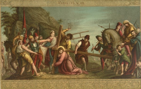 Biblical scene, Bible, On the Way of the Cross, The Way of the Cross is presented in the Bible in connection with Jesus' ordeal, particularly when Simon of Cyrene is forced to carry Jesus the cross, illustration, reproduction from a 19th-century model. Authentic, file restored for optimal use, exact date of submission unknown, historical