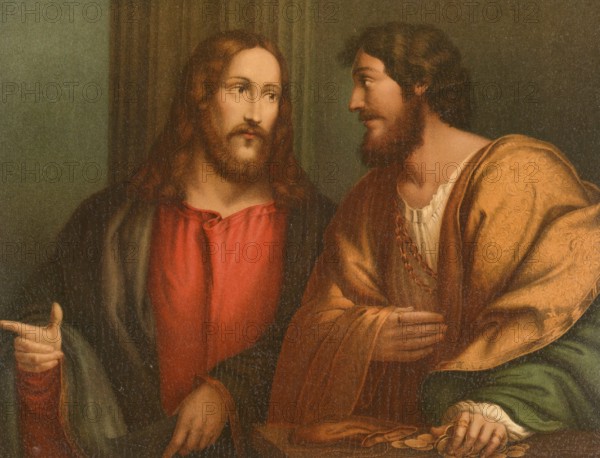 Biblical scene, Bible, The Calling of Saint Matthew, describes how Jesus Christ asks the tax collector Matthew to follow him and become his disciple, illustration, reproduction from a 19th-century template. Authentic, file restored for optimal use, exact date of submission unknown, historical
