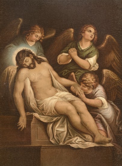 Biblical scene, Bible, The Burial, According to the report, Joseph of Arimathea, a wealthy disciple, asked the Roman governor Pilate for the body of Jesus. Josef then took the body, wrapped it in a linen cloth and placed it in his own new rock grave, illustration, reproduction from a model from the 19th century. Authentic, file restored for optimal use, exact date of submission unknown, historical