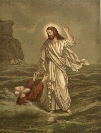 Biblical scene, Bible, The Drowning Saint Peter, refers to a biblical event in which Peter begins to sink after running to Jesus on water, illustration, reproduction from a 19th-century model. Authentic, file restored for optimal use, exact date of submission unknown, historical