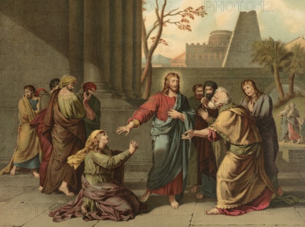 Biblical scene, Bible, The Canaanite woman, a biblical figure who became famous for her perseverance and great faith when she asked Jesus to heal her daughter from a demon, illustration, reproduction from a 19th-century template. Authentic, file restored for optimal use, exact date of submission unknown, historical