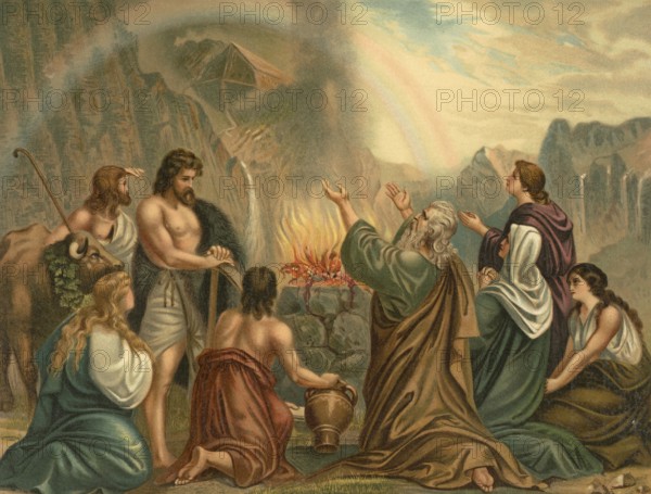 Biblical scene, Bible, Noah's sacrifice of gratitude, The sacrifice of Noah is a biblical narrative from the book of Genesis in which Noah offers a thanksgiving offering to God after the flood, illustration, reproduction from a 19th-century model. Authentic, file restored for optimal use, exact date of submission unknown, historical