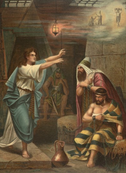 Biblical scene, Bible, Joseph interprets the dreams of the pharaoh's chief cupbearer and chief baker in prison. He predicts to the cupbearer that he will be reinstated in his position in three days, while he prophesies to the baker that he will be executed in three days, illustration, reproduction from a 19th-century model. Authentic, file restored for optimal use, exact date of submission unknown, historical